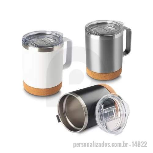 Caneca térmica personalizada - Descrição: Caneca térmica em aço inox com parede dupla, capacidade de 350ml. Contém tampa com acesso para o bocal e base em cortiça.  Altura :  12,1 cm  Largura :  8,5 cm  Circunferência :  27,6 cm  Comprimento :  com alça 11,8 cm