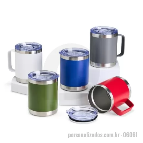 Caneca térmica personalizada - Caneca térmica de inox 350ml com parede dupla. Contém tampa acrílica com bocal e trava de segurança.