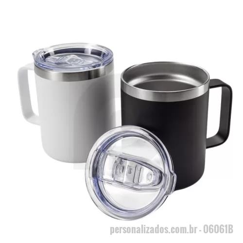 Caneca térmica personalizada - Caneca térmica de inox 350ml com parede dupla. Contém tampa acrílica com bocal e trava de segurança.