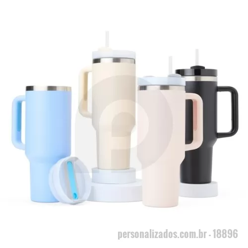 Caneca térmica personalizada - Caneca térmica com capacidade de 1,2 litros feita em inox 304 com parede dupla, contém tampa acrílica rosqueável com acesso para canudo e pegador plástico com aderência emborrachada. Acompanha canudo plástico.