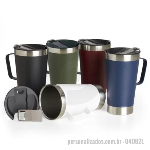 Caneca térmica personalizada - Caneca térmica de inox com capacidade para 500ml. Acompanha uma tampa de plástico e um abridor de garrafas. O abridor fica preso em um encaixe existente na tampa, porém é removível.  Altura :  17,3 cm  Largura :  11,8cm  Circunferência :  29,2cm