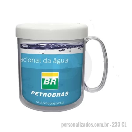 Caneca térmica personalizada - Capacidade para 300ml. Caneca plástica, atóxica, composta por três partes, um corpo cristal transparente em Plástico Premium (PS Cristal), um refil colorido em Plástico Premium (PP) e um refil de papel com impressão digital colorida. Dupla parede que conserva por mais tempo a temperatura.