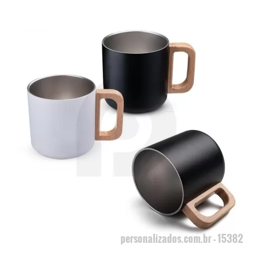 Caneca térmica personalizada - Descrição: Caneca térmica com parede dupla em inox, pintura externa eletrostática, alça em madeira e capacidade máxima de 400ml.  Altura :  8,6 cm  Largura :  12,2 cm  Circunferência :  28 cm