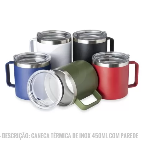 Caneca térmica personalizada - Descrição: Caneca térmica de inox 450ml com parede dupla e tampa com acesso ao bocal.  Altura :  10,3 cm  Largura :  13 cm  Circunferência :  31,5 cm  Medidas aproximadas para gravação (CxL):  7 cm X 6 cm