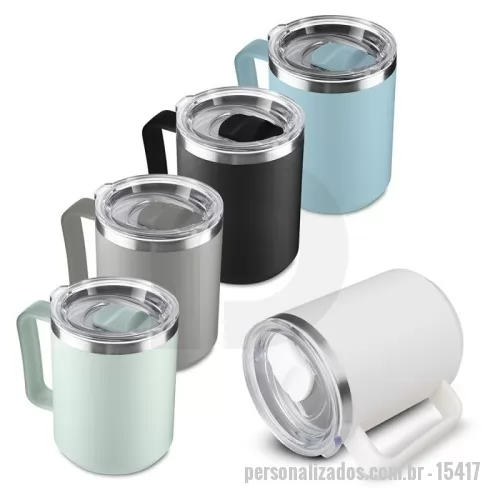 Caneca térmica personalizada - Descrição: Caneca em plástico PP com interior em inox e capacidade para até 450ml. Possui tampa transparente com anel de vedação e trava de segurança para o bocal.