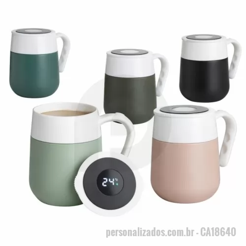 Caneca térmica personalizada - Caneca térmica 500ml em inox com display LED e termômetro digital na tampa para indicar a temperatura do líquido. Gravação da logomarca em 1 cor já inclusa.