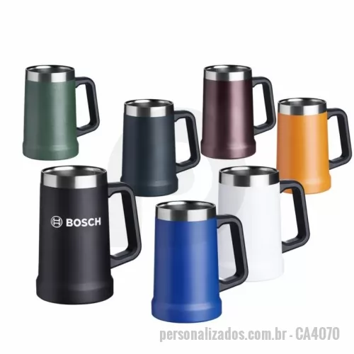 Caneca térmica personalizada - Caneca térmica de inox com pegador plástico, capacidade de 700ml. Gravação da logomarca a laser já incluso.