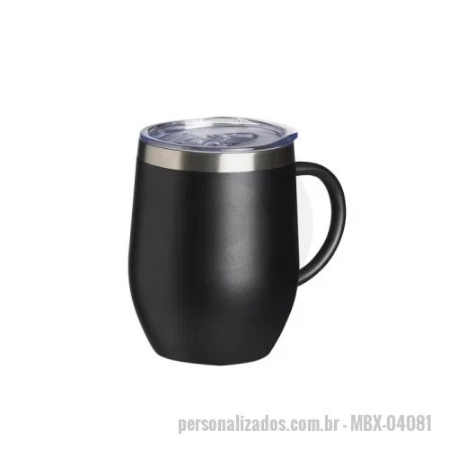 Caneca térmica personalizada - Caneca térmica de inox com capacidade de 350ml, material livre de BPA. Contém tampa acrílica com bocal e trava de segurança.