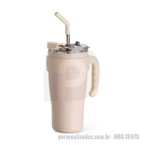 Caneca térmica personalizada - Caneca térmica em inox com capacidade máxima de 800ml. Possui estrutura em parede dupla, alça ergonômica em plástico, tampa rosqueável com vedação a vácuo, protetor para bocal e acesso para canudo com tampa em silicone. Acompanha canudo de inox com ponta de silicone removível.