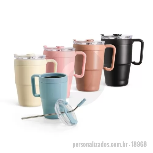 Caneca térmica personalizada - Caneca térmica em inox com pintura eletrostática e capacidade de até 600ml. Apresenta estrutura de parede dupla, base antiderrapante e tampa plástica com vedação a vácuo, protetor emborrachado para o bocal com acesso para canudo. Acompanha canudo de inox com ponta removível em plástico. 