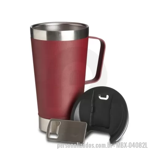 Caneca térmica personalizada - Caneca térmica de inox com capacidade para 500ml. Acompanha uma tampa de plástico e um abridor de garrafas. O abridor fica preso em um encaixe existente na tampa, porém é removível.
