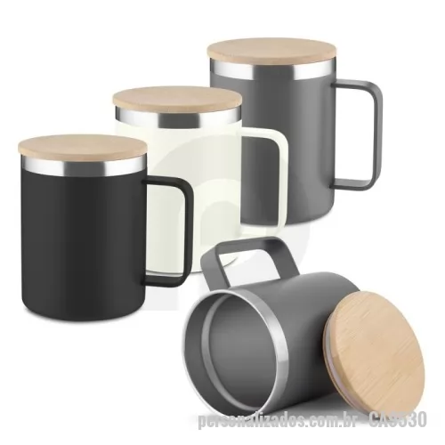 Caneca térmica personalizada - Caneca térmica 400ml, produzida em inox reciclado (304 interno / 201 externo), com tampa em bambu, pintura a pó.