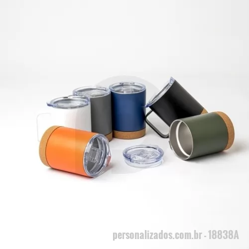 Caneca térmica personalizada - Caneca Térmica de 400ml feita em inox com fundo de cortiça, tampa com bocal e trava de segurança. O item ideal para quem aprecia qualidade e design.
