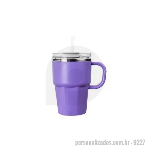 Caneca térmica personalizada - Caneca de parede dupla com interior em inox 304, revestimento externo e alça em plástico polipropileno PP e capacidade máxima de 550 ml. Possui tampa de pressão em AS com protetor para o bocal em PP, além de acesso para canudo e anel de vedação em si
