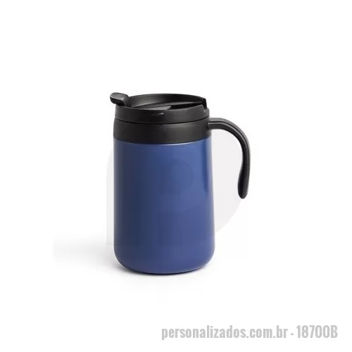 Caneca térmica personalizada - Caneca térmica feita em inox 304 com parede dupla, capacidade de 500ml. Contém tampa com acesso para o bocal, alça plástica e base antiderrapante. Altura : 16 cm Largura : 12,4 cm Peso aproximado g : 296