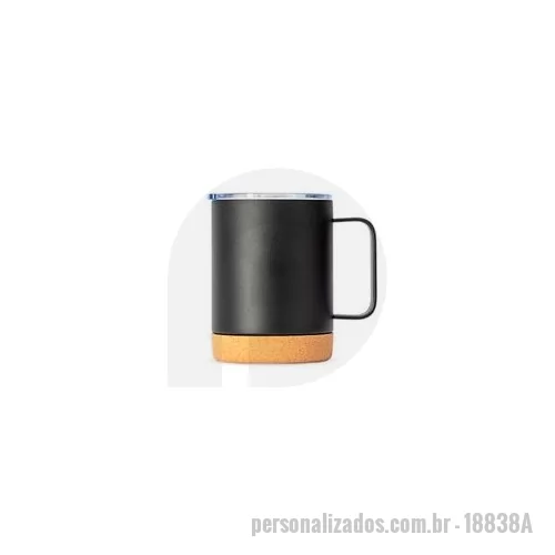 Caneca térmica personalizada - Caneca térmica em inox com pintura eletrostática, fundo em cortiça e capacidade para até 330 ml. Apresenta estrutura de parede dupla e vedação a vácuo, que ajuda a conservar a temperatura das bebidas por mais tempo. Possui tampa plástica com trava de