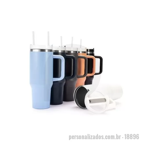 Caneca térmica personalizada - Caneca térmica com capacidade de 1,2 litros feita em inox 304 com parede dupla, contém tampa acrílica rosqueável com acesso para canudo e pegador plástico com aderência emborrachada. Acompanha canudo plástico. Altura : 27 cm Largura : 14,9 cm Circunf