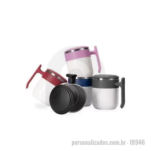 Caneca térmica personalizada - Caneca com design modero, feita em inox e capacidade de até 350 ml. Ela possui revestimento externo, alça e tampa de encaixe em plástico, além da base emborrachada antiderrapante para oferecer mais segurança durante seu uso. Altura : 11 cm Largura : 