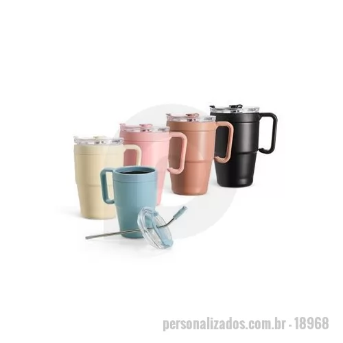 Caneca térmica personalizada - Caneca térmica em inox com pintura eletrostática e capacidade de até 600 ml. Apresenta estrutura de parede dupla, base antiderrapante e tampa plástica com vedação a vácuo, protetor emborrachado para o bocal com acesso para canudo. Acompanha canudo de