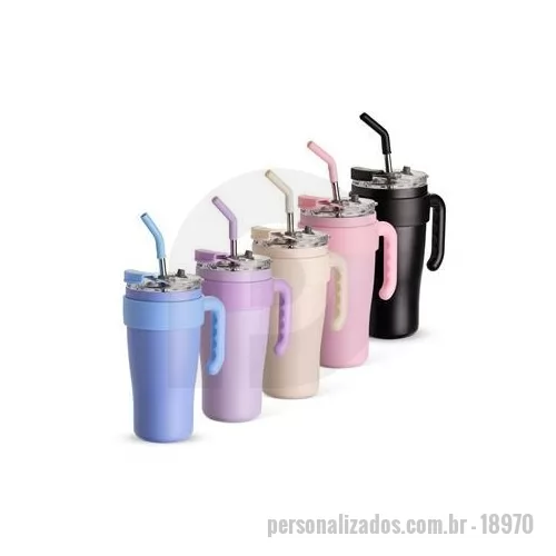 Caneca térmica personalizada - Caneca térmica em inox com capacidade máxima de 800 ml. Possui estrutura em parede dupla, alça ergonômica em plástico, tampa rosqueável com vedação a vácuo, protetor para bocal e acesso para canudo com tampa em silicone. Acompanha canudo de inox com 