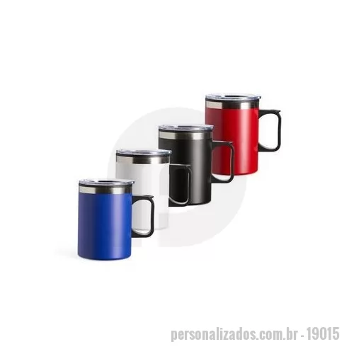 Caneca térmica personalizada - Caneca plástica com capacidade de até 375 ml e revestimento externo em inox que reduz o contato direto com a temperatura dos líquidos. Conta com tampa plástica com bocal e trava de segurança, além de base emborrachada antiderrapante. Altura : 12,3 cm