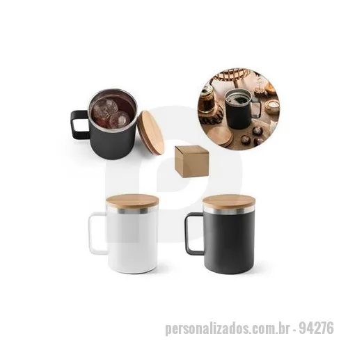 Caneca térmica personalizada - Caneca de viagem em aço inox 90% reciclado , térmico com parede dupla isolada a vácuo e tampa em bambu. Capacidade até 420 mL. Fornecido em caixa presente de papel kraft. Certificação EU Food Grade. A cor e o resultado da impressão nos materiais natu