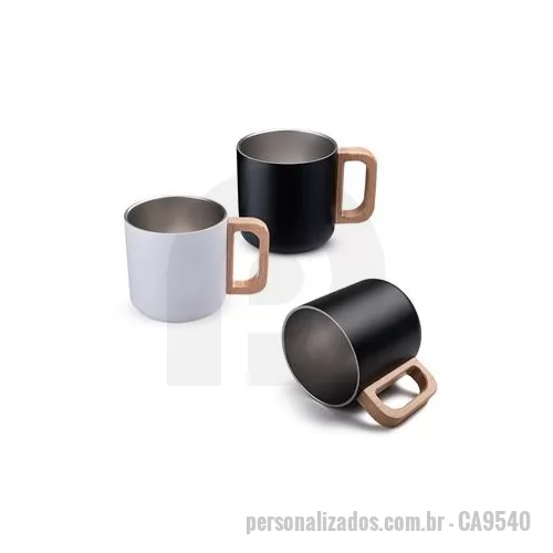 Caneca térmica personalizada - Caneca térmica com parede dupla em inox, pintura externa eletrostática, alça em madeira e capacidade máxima de 400 ml. Altura : 8,6 cm Largura : 12,2 cm Circunferência : 28 cm Peso aproximado g : 143