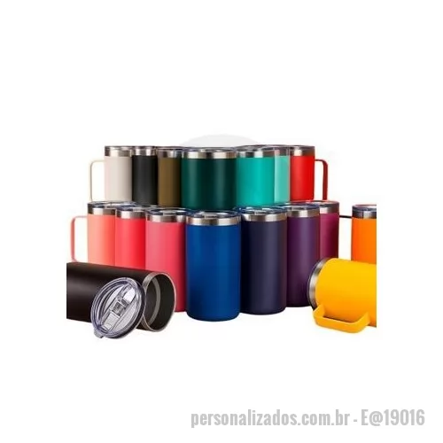 Caneca térmica personalizada - Caneca térmica em inox livre de BPA com pintura eletrostática e capacidade de até 500 ml. Apresenta estrutura de parede dupla e vedação a vácuo, permitindo a conservação da temperatura de líquidos por mais tempo. Possui tampa em plástico com proteção