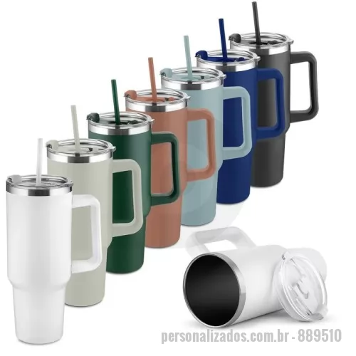 Caneca térmica personalizada - 	Caneca térmica de 1,3 litros em inox reciclado com parede dupla (interno 304, externo 201), acabamento em pintura a pó, tampa e canudo em plástico PP na cor do produto.