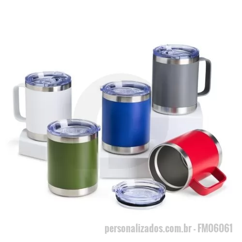 Caneca térmica personalizada - Descrição: Caneca térmica de inox 350ml com parede dupla. Contém tampa acrílica com bocal e trava de segurança.  Altura :  11,6 cm  Largura :  11,9cm  Circunferência :  27,6 cm  Medidas aproximadas para gravação (CxL):  7,5 cm x 4 cm  Peso aproximado (g):  299