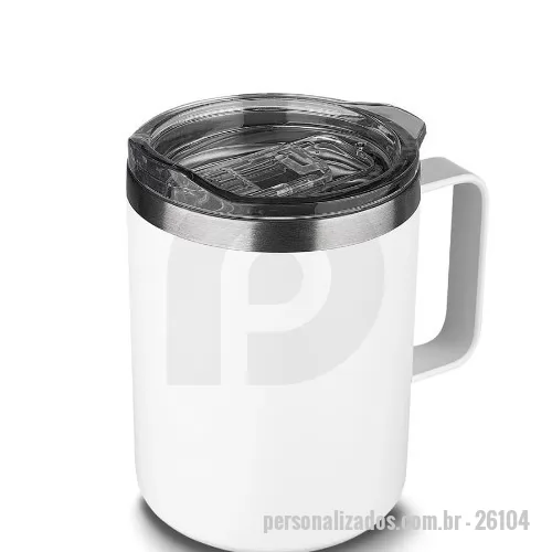 Caneca térmica personalizada - Caneca térmica em aço inox com parede dupla isolada à vácuo, tampa plástica e anel em silicone para vedação, alça lateral. Capacidade 350ml. Conserva líquidos quentes por até 3 horas.