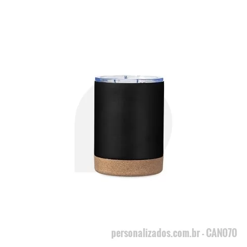 Caneca térmica personalizada - Caneca térmica produzida em aço inox, com capacidade para até 330ml, pintura eletrostática, estrutura de parede dupla e isolamento a vácuo. O conjunto auxilia na conservação da temperatura das bebidas por mais tempo, sendo adequado para cafés, chás e