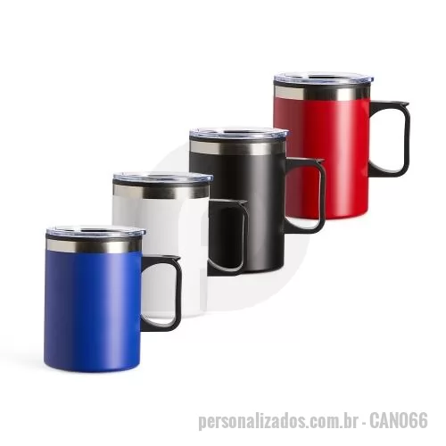 Caneca térmica personalizada - Caneca térmica produzida em aço inox, com estrutura de parede dupla, tampa transparente de encaixe e alça lateral em plástico. Seu formato cilíndrico favorece o uso cotidiano, enquanto o acabamento externo colorido oferece opções para diferentes esti