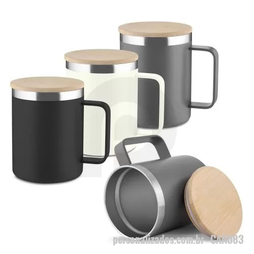 Caneca térmica personalizada - Caneca térmica produzida em aço inox, com capacidade de até 350ml, pintura eletrostática e estrutura de parede dupla que auxilia na conservação da temperatura das bebidas por mais tempo. A tampa em bambu conta com anel de vedação em silicone, contrib