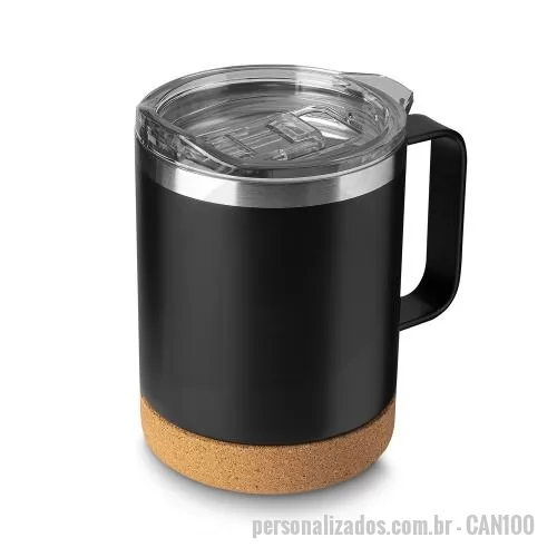 Caneca térmica personalizada - Caneca térmica com capacidade de 350ml, produzida em aço inox com parede dupla e isolamento a vácuo, estrutura que contribui para conservar a temperatura das bebidas. A superfície externa recebe pintura a pó, proporcionando acabamento uniforme e agra
