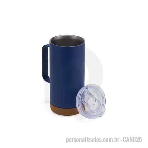 Caneca térmica personalizada - Combinando o brilho do inox ao toque natural da cortiça, esta caneca térmica de 500ml entrega uma presença elegante e funcional para diferentes momentos do dia. Sua estrutura em inox favorece a conservação da bebida, enquanto o fundo em cortiça agreg