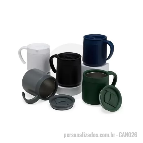 Caneca térmica personalizada - Com proposta prática e visual contemporâneo, esta caneca térmica de 300ml é uma ótima escolha para quem busca conforto no consumo de cafés, chás e outras bebidas ao longo do dia. Produzida em inox com parede dupla, ajuda a conservar a temperatura por