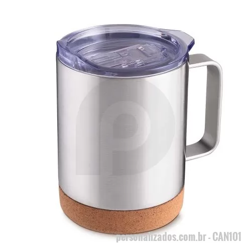 Caneca térmica personalizada - Caneca térmica com capacidade de 350ml, fabricada em aço inox com acabamento brilhoso, parede dupla e isolamento a vácuo para auxiliar na conservação da temperatura das bebidas. A tampa plástica possui anel de silicone para vedação, enquanto a alça l