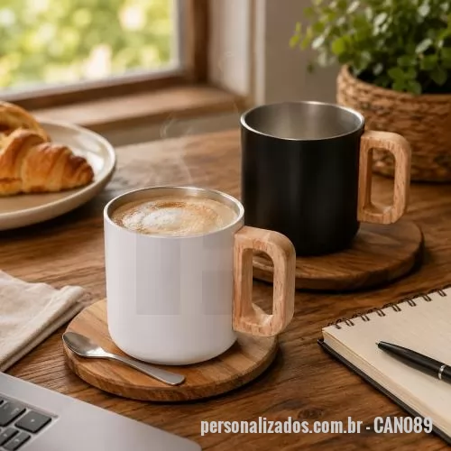 Caneca térmica personalizada - Caneca térmica com capacidade de 400ml, desenvolvida com parede dupla em aço inox, utilizando inox 304 na parte interna e inox 201 na estrutura externa. Essa composição contribui para conservar a temperatura da bebida por mais tempo, oferecendo prati