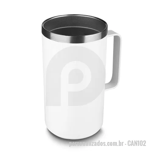 Caneca térmica personalizada - Caneca térmica com capacidade de 750ml, produzida em aço inox com parede dupla e isolamento a vácuo, estrutura que auxilia na conservação da temperatura das bebidas. A superfície externa recebe pintura a pó, oferecendo acabamento uniforme e visual co