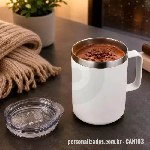 Caneca térmica personalizada - Caneca térmica com capacidade de 350ml, confeccionada em aço inox com parede dupla e isolamento a vácuo, solução que ajuda a preservar a temperatura da bebida por mais tempo. A parte externa recebe pintura a pó, formando um acabamento uniforme, moder