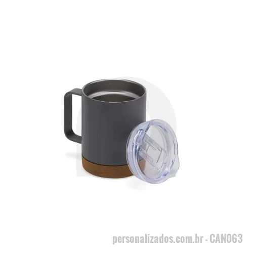 Caneca térmica personalizada - Caneca térmica de 400ml feita em inox, com fundo de cortiça, tampa com bocal e trava de segurança, oferecendo praticidade para bebidas quentes ou frias no dia a dia. O acabamento fosco em cores variadas combina com o detalhe natural da cortiça, crian