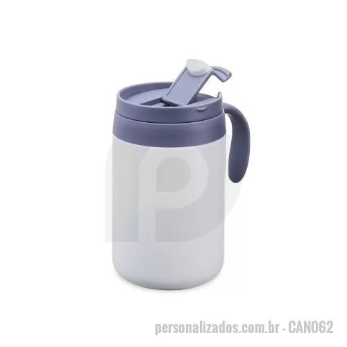 Caneca térmica personalizada - Caneca térmica em inox 304 com capacidade de 500ml, estrutura de parede dupla, tampa com acesso para o bocal, alça plástica e base antiderrapante. Seu formato combina resistência e praticidade, sendo ideal para manter bebidas protegidas durante a rot