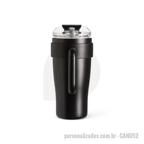 Caneca térmica personalizada - Com capacidade máxima de 800ml, esta caneca térmica em inox possui estrutura de parede dupla, alça ergonômica em plástico e tampa rosqueável com vedação a vácuo, ideal para manter bebidas protegidas durante a rotina. O acesso para canudo com tampa em