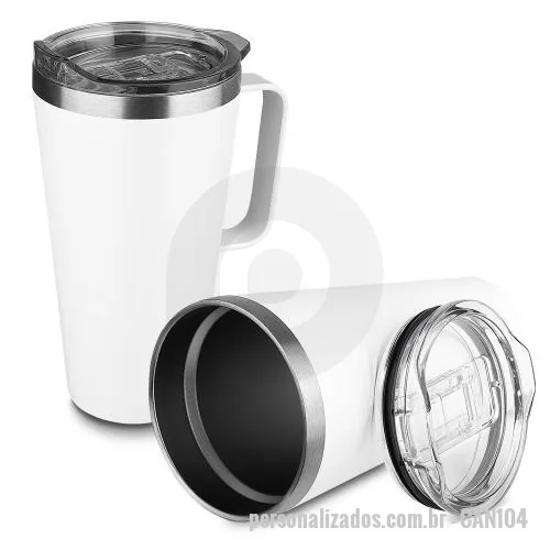 Caneca térmica personalizada - Caneca térmica com capacidade de 530ml, produzida em aço inox com parede dupla e isolamento a vácuo, recurso que ajuda a manter bebidas quentes ou frias por mais tempo. A parte externa recebe pintura a pó, formando uma superfície uniforme e contempor