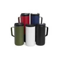 Caneca térmica de inox em parede dupla livre de BPA, capacidade de 400ml. Contém base antiderrapante e tampa plástica com bocal e trava de segurança