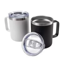 Caneca térmica de inox 350ml com parede dupla. Contém tampa acrílica com bocal e trava de segurança.