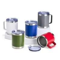 Caneca térmica de inox 350ml com parede dupla. Contém tampa acrílica com bocal e trava de segurança.