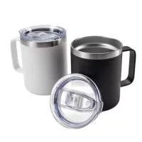Caneca térmica de inox 350ml com parede dupla. Contém tampa acrílica com bocal e trava de segurança.