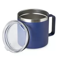 Caneca térmica de inox com capacidade de 450ml, estrutura de parede dupla e tampa transparente com acesso ao bocal, oferecendo praticidade para o consumo de bebidas no dia a dia. Seu acabamento fosco com detalhe metálico na borda traz um visual moder